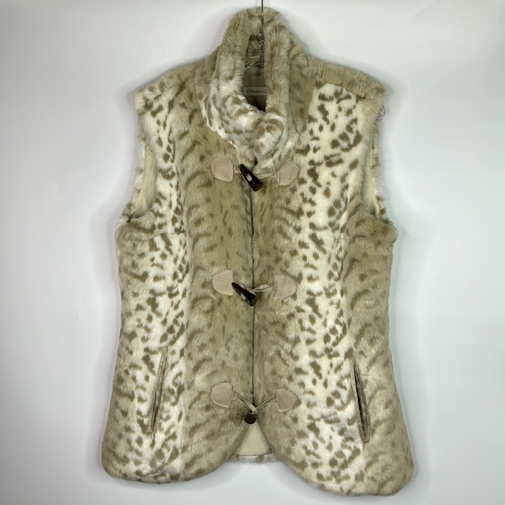 Coldwater Creek Animal Print Faux Fur Toggle Button Vest Size Medium